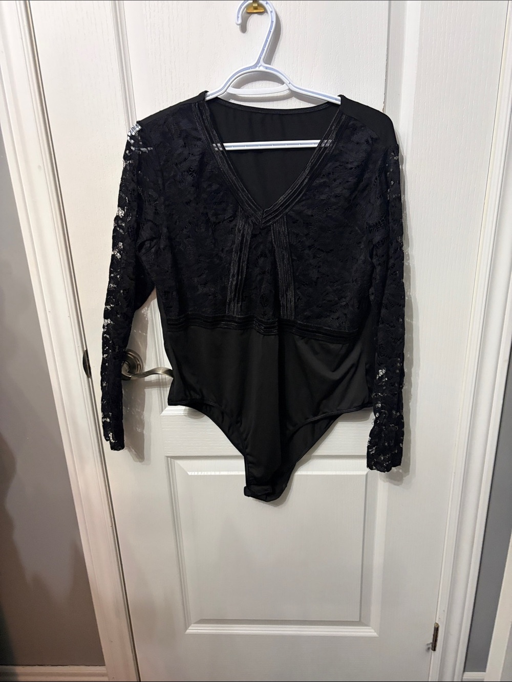 Black Lace V-Neck Long Sleeve Bodysuit - Women's Top
